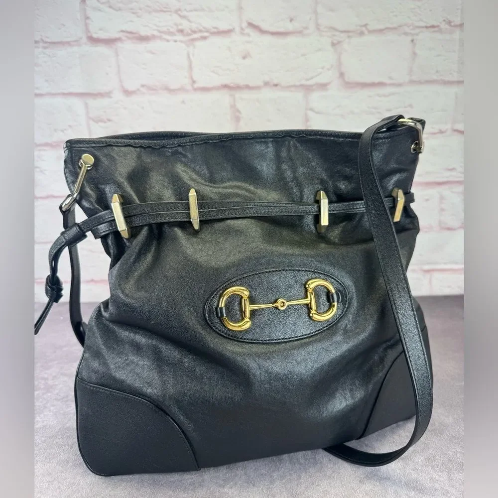 Gucci Sakai Calfskin Horsebit 1955 Cinch Top Messenger Bag Black - Picture 2 of 16